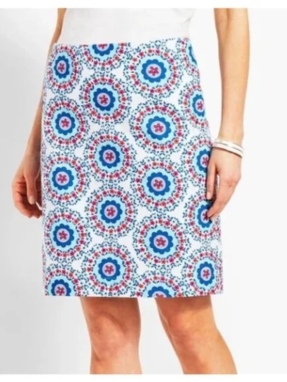 Talbots White Mini Skirt with Blue & Pink Medallion Print
